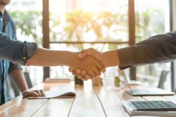 two business people shaking hands together at a conference table