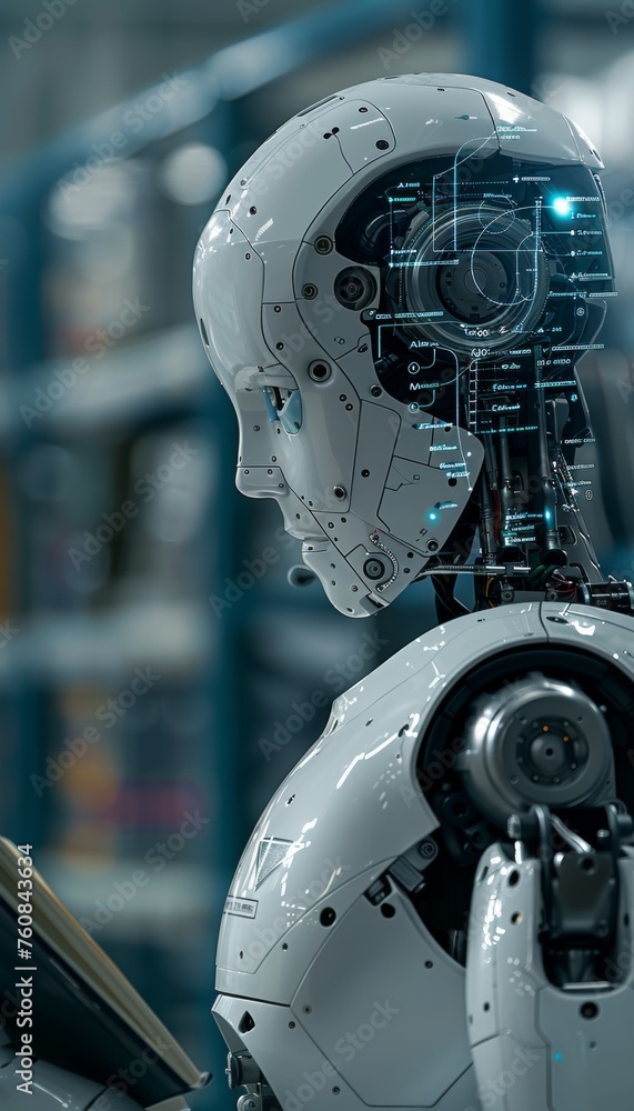 Poster humanoid ai robot studying math with book surrounded by holographic formulas on blurred background