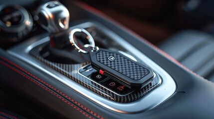 Naklejka premium A sleek car-shaped keyring and a remote control key are prominently displayed within the vehicle's interior