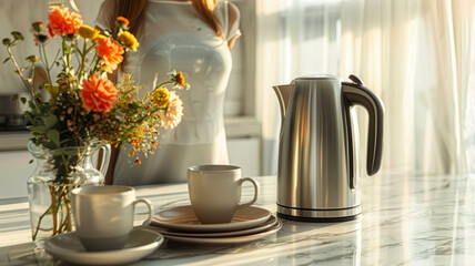 Stainless steel kettle and cup on table