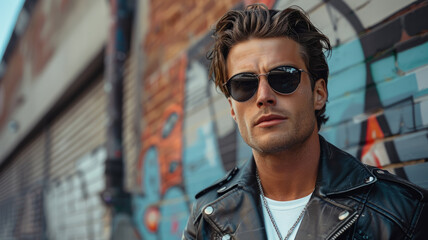 Fototapeta premium Man in sunglasses by graffiti wall.