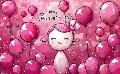 Fotobehang Cute cartoon girl with pink balloons and hearts celebrating Valentine's Day on a sparkly background. © Gayan