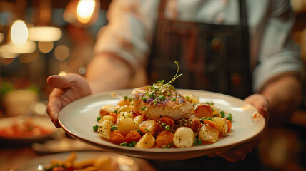 Chef presenting a dish with scallops and potatoes - obrazy, fototapety, plakaty