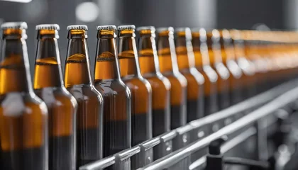 Fotobehang row glass beer drink alcohol bottles, brewery conveyor, modern production line © Marko