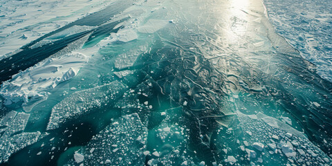 Arctic landscape above frozen water and snow texture - obrazy, fototapety, plakaty