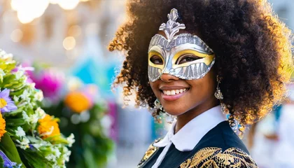 Tuinposter Portrait of young woman with mask and carnival costume during carnival , festival, masquerade © Marko