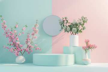 empty platform for profucts pastel colors minimalist in Scandinavian style flowers and mirrors (3)