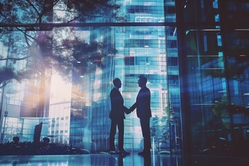 two business men shake hands in an office outside