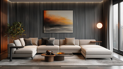 Interior design of a modern living room in Scandinavian style, a beige sofa against a dark gray wall with a large painting
