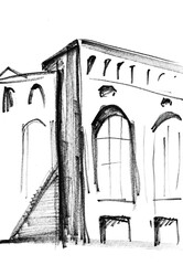 government building with stairs drawn by hand in black felt-tip pen on white paper. Yerevan, Armenia