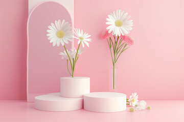 empty platform for profucts pastel colors minimalist in Scandinavian style flowers and mirrors (6)