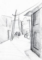 small street in old town drawn by hand in graphite pencil on white paper. Yerevan, Armenia
