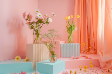 empty platform for profucts pastel colors minimalist in Scandinavian style flowers and mirrors (7)