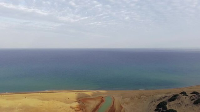 Dunes of Piscinas aerial video panoramic with red river
