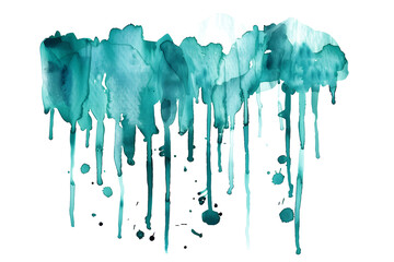 Transparent aquamarine watercolor drip texture on white background.