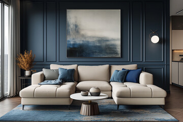Interior design of a modern living room in art deco style, a beige sofa against a dark blue wall with a large painting