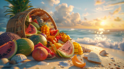 Exotic fruits on a beach at sunrise