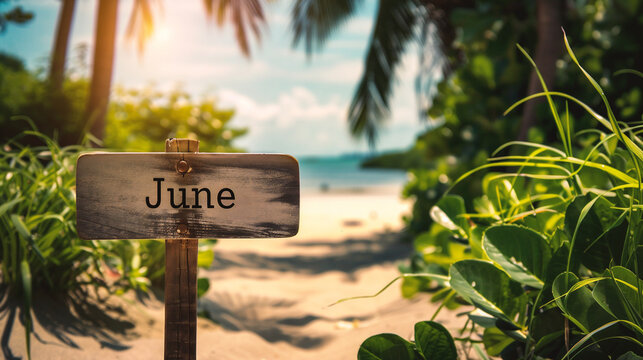 Wooden sign with the word june on the sandy beach.
