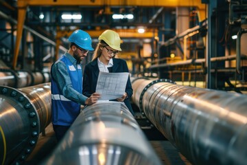 Two people are standing next to a long pipe, one of them is wearing a hard hat. They are looking at a piece of paper - Powered by Adobe