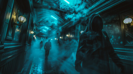 Hooded man in a hoodie standing in a dark room with smoke and fog