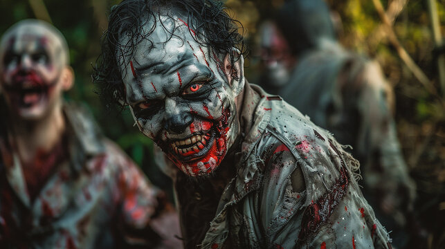 Zombie people walking in the forest. Halloween. Horror film.