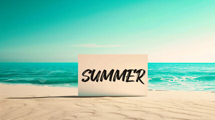 Summer message on paper card on the sand with sea and sky background