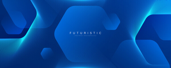 Modern abstract blue background with glowing geometric lines. Blue gradient hexagon shape design. Futuristic technology concept. Suit for banner, brochure, science, website, corporate, poster, cover - obrazy, fototapety, plakaty