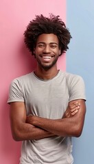 Fototapeta na wymiar Curly haired man in sports t shirt promotes fitness and healthy lifestyle on pastel background