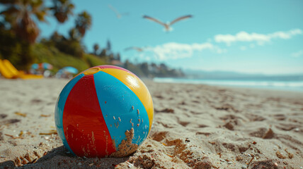 Colorful beachball on sandy beach