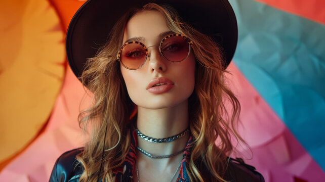 Stylish woman with sunglasses and hat
