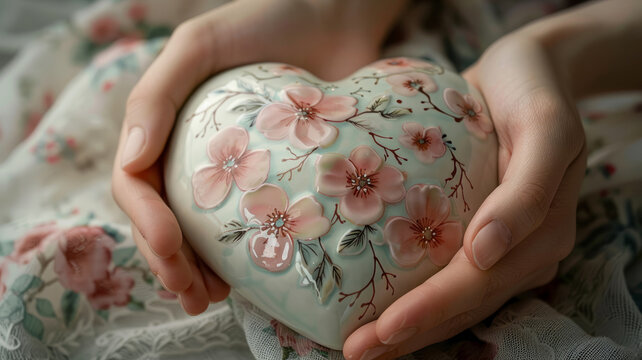 Hands holding a floral heart-shaped box