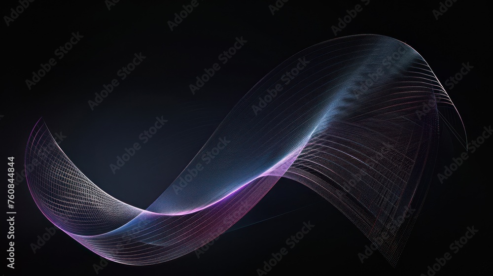 Poster a computer generated image of a wave in purple and blue on a black background with room for text or 