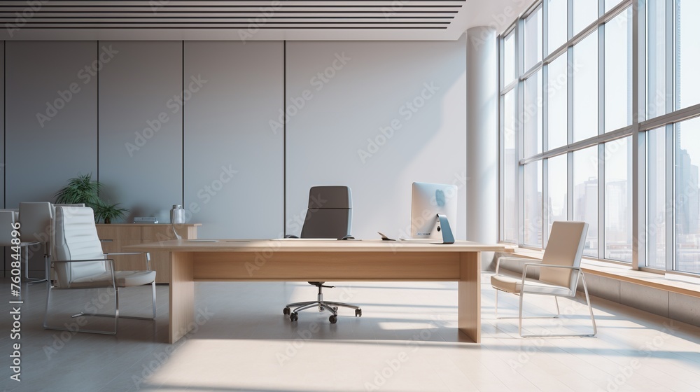 Poster empty open space office with table, chair and computer with natural light form window. modern office