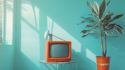 A striking retro orange TV receiver stands out against a gradient aquamarine wall