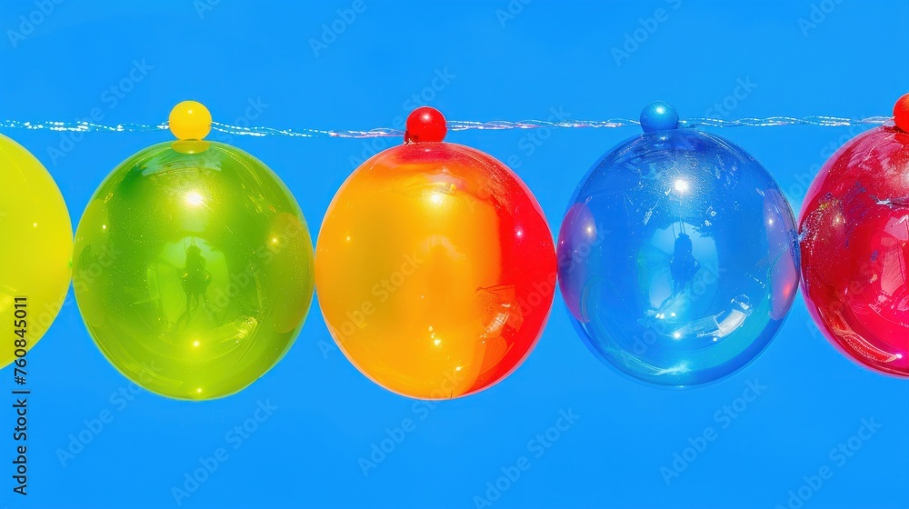 Poster a row of colorful balloons hanging from a line with a blue sky in the background and a string of bal