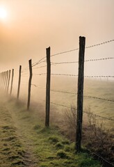 Fototapeta premium Steel barbed wire fence at field. Generated Ai
