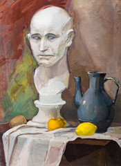 educational painting - still life with bust and ceramic jug on draped table drawn by hand with color tempera paints on paper - 760845031