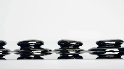 a group of black rocks sitting next to each other on a white surface with a white wall in the background.