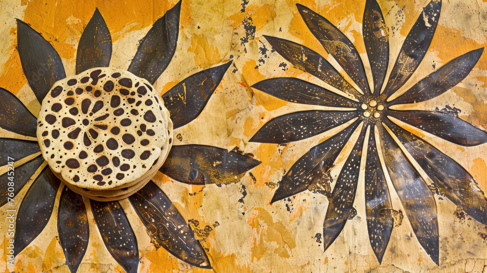 Poster a close up of a clock on a wall with a flower design on the outside of the clock and a flower design