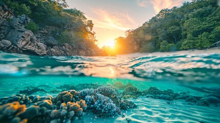 Golden hour split view of great barrier reef coral ecosystem at queensland coast, australia - obrazy, fototapety, plakaty