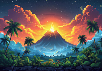 Tropical volcano landscape at sunset with vibrant colors, palm trees, and clouds.