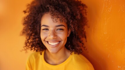 Young 20 Year Old Mixed Race Girl With Curly Hair Looking At Camera Smiling And Happy On A Vibrant Yellow Background. Generative AI.