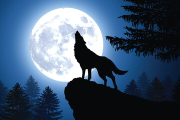 howling wolf silhouette by full moon forest
