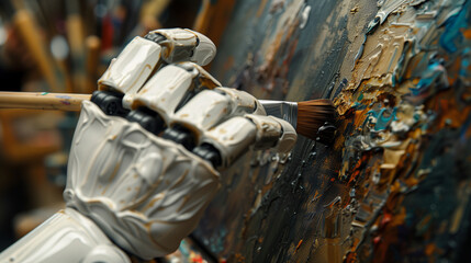 Robotic hand applying paint to canvas with brush