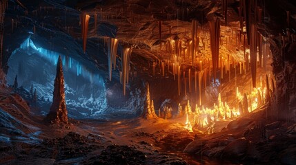 Underground caves with stalactites and stalagmites