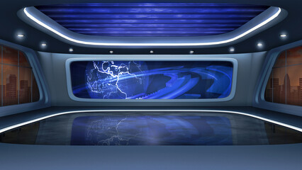News TV studio set, virtual background. Ideal also for online broadcast, live streaming or business events. Modern 3D rendering backdrop suitable on VR tracking system stage sets, with green screen