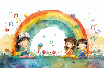 Watercolor illustration of children playing music under a rainbow with colorful notes and whimsical...