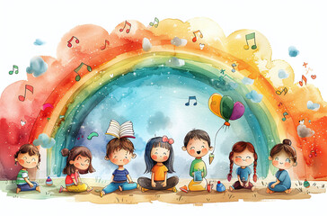 Colorful illustration of happy children sitting under a rainbow with music notes, symbolizing joy...