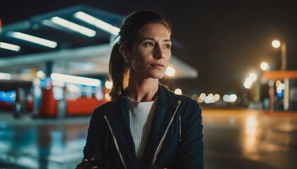 stylish woman in a gas station . low light night time, cinematic look 