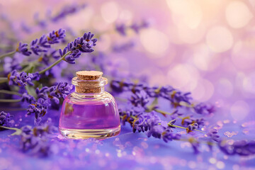 Obraz na płótnie Canvas A bottle of essential oil with fresh lavender twigs on violet background. Essential Aromatic oil, lavender flowers. Aromatherapy, skincare cosmetics products, alternative medicine and perfumery
